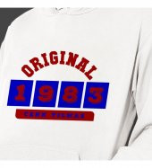 Kişiye Özel Bordo Mavi İsim Tarih Baskılı Kapşonlu Beyaz Unisex Sweatshirt HK2372 - 3