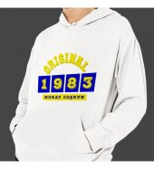 Kişiye Özel Sarı Lacivert İsim Tarih Baskılı Kapşonlu Beyaz Unisex Sweatshirt HK2371 - 1