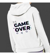 Game Over Baskılı Kapşonlu Beyaz Unisex Sweatshirt HK2353 - 1