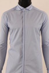 Uzun Kol Slim Fit Damatlık Mavi Gömlek - 3