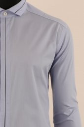 Uzun Kol Slim Fit Damatlık Mavi Gömlek - 5
