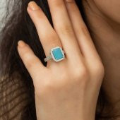 Gümüş Turkuaz Baget Kare Bayan Yüzük - 4