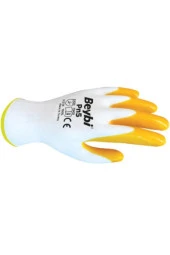 Beybi Polyoster Örme Nitril PMK PN5 Beyaz Sarı 9 Beden Eldiven 12 Li Paket - 1