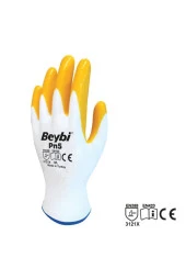 Beybi Polyoster Örme Nitril PMK PN5 Beyaz Sarı 9 Beden Eldiven 12 Li Paket - 2