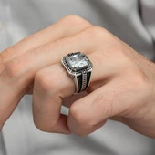 Beyaz Zirkon Taşlı Kare Tasarım 925 Gümüş Erkek Yüzük - 7