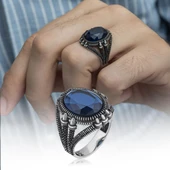 Oval Parlament Mavisi Taşlı 925 Gümüş Erkek Yüzük - 1