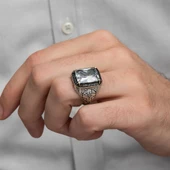 Beyaz Zirkon Taşlı Oyma Motifli 925 Gümüş Erkek Yüzük thumbnail 6