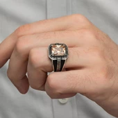 Sitrin Taşlı Kare Tasarım 925 Gümüş Erkek Yüzük - 6