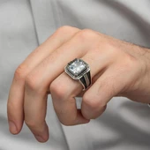 Beyaz Zirkon Taşlı Kare Tasarım 925 Gümüş Erkek Yüzük - 5