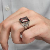 Kırmızı Taşlı Oyma Motifli 925 Gümüş Erkek Yüzük thumbnail 12