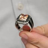 Sitrin Taşlı Kare Tasarım 925 Gümüş Erkek Yüzük - 11