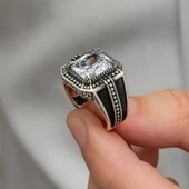 Beyaz Zirkon Taşlı Kare Tasarım 925 Gümüş Erkek Yüzük - 8