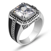 Beyaz Zirkon Taşlı Kare Tasarım 925 Gümüş Erkek Yüzük - 11