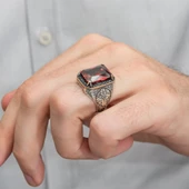 Kırmızı Taşlı Oyma Motifli 925 Gümüş Erkek Yüzük thumbnail 2