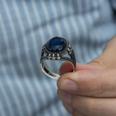 Oval Parlament Mavisi Taşlı 925 Gümüş Erkek Yüzük - 6