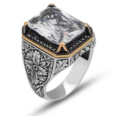 Beyaz Zirkon Taşlı Oyma Motifli 925 Gümüş Erkek Yüzük thumbnail 2