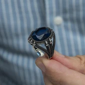 Oval Parlament Mavisi Taşlı 925 Gümüş Erkek Yüzük - 7