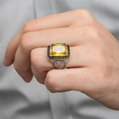 Sarı Sitrin Taşlı Oyma Motifli 925 Gümüş Erkek Yüzük thumbnail 5