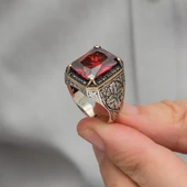 Kırmızı Taşlı Oyma Motifli 925 Gümüş Erkek Yüzük thumbnail 7
