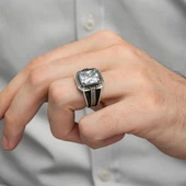 Beyaz Zirkon Taşlı Kare Tasarım 925 Gümüş Erkek Yüzük - 2