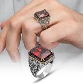 Kırmızı Taşlı Oyma Motifli 925 Gümüş Erkek Yüzük thumbnail 8