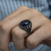 Oval Parlament Mavisi Taşlı 925 Gümüş Erkek Yüzük - 4