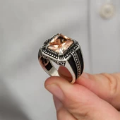 Sitrin Taşlı Kare Tasarım 925 Gümüş Erkek Yüzük - 4