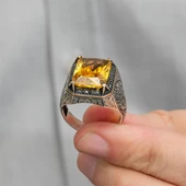 Sarı Sitrin Taşlı Oyma Motifli 925 Gümüş Erkek Yüzük thumbnail 6