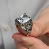 Beyaz Zirkon Taşlı Oyma Motifli 925 Gümüş Erkek Yüzük thumbnail 10
