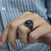 Oval Parlament Mavisi Taşlı 925 Gümüş Erkek Yüzük - 2