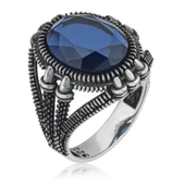 Oval Parlament Mavisi Taşlı 925 Gümüş Erkek Yüzük - 8