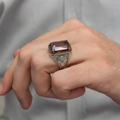 Kırmızı Taşlı Oyma Motifli 925 Gümüş Erkek Yüzük thumbnail 10