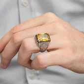 Sarı Sitrin Taşlı Oyma Motifli 925 Gümüş Erkek Yüzük thumbnail 2