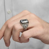 Beyaz Zirkon Taşlı Oyma Motifli 925 Gümüş Erkek Yüzük thumbnail 9