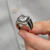 Beyaz Zirkon Taşlı Kare Tasarım 925 Gümüş Erkek Yüzük - 6