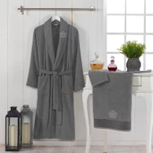 NevresimEv Taç Serisi Nakışlı 2 Parça Tek Kişilik Bornoz Seti Gri - 3
