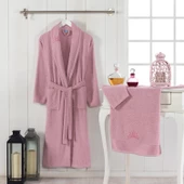 NevresimEv Taç Serisi Nakışlı 2 Parça Tek Kişilik Bornoz Seti Gülkurusu - 3