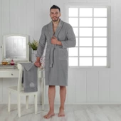 NevresimEv Taç Serisi Nakışlı 2 Parça Tek Kişilik Bornoz Seti Gri - 1