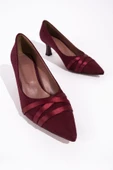 Sanger Bordo Süet Saten Bantlı Stiletto Kısa Kadeh Topuklu Ayakkabı - 4