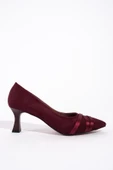 Sanger Bordo Süet Saten Bantlı Stiletto Kısa Kadeh Topuklu Ayakkabı - 2
