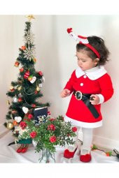 Noel Baba Kostüm - Kız Çocuk Polar Elbise 3lü - 3