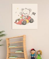 Dekoratif Çocuk Odasın Racer Teddy Bear Duvar Kanvas Tablo - 1
