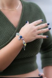 Renkli Nazar Boncuklu Swarovski Lav Taşlı Doğal Taş Charm Bileklik Lastikli Bilezik - 1