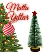 Yıldızlı Masa üstü Çam ağacı - 25 cm, Karlı  Kütük Üzeri Mini Çam Ağacı thumbnail 1