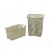 Sağlam Plastik Rattan Hasır Görünümlü Kirli Çamaşır Sepeti- Çamaşır sepeti 2'li Set Çölbeji - 1