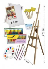 Akrilik Boya Resim Seti Fanart 12 Renk Akrilik Boya Şövalye 2 Tuval 35x50 Fırça Spatula Palet Şövale - 1