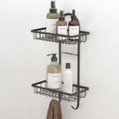 TEKNOTEL YAPIŞKANLI İKİ KATLI KANCALI BANYO RAFI MAT SİYAH ST308 - 1