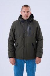 Erkek Kapüşonlu Su Ve Rüzgar Geçirmez Kapitone Içi Kürklü Elyaf Dolgulu Şişme Haki Softshell Mont - 1