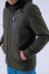 Erkek Kapüşonlu Su Ve Rüzgar Geçirmez Kapitone Içi Kürklü Elyaf Dolgulu Şişme Haki Softshell Mont - 3