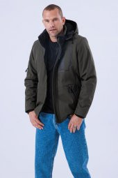 Erkek Kapüşonlu Su Ve Rüzgar Geçirmez Kapitone Içi Kürklü Elyaf Dolgulu Şişme Haki Softshell Mont - 4
